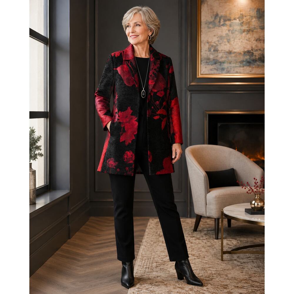 Chico’s Red Black Floral Jacquard Coat Women’s 2 12 Tapestry Jacket